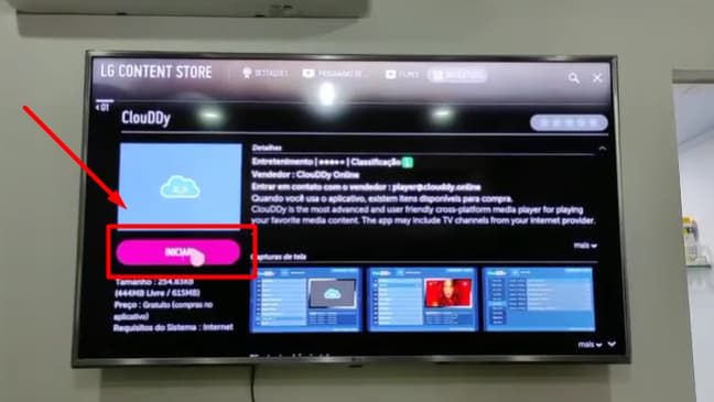 Clicar em iniciar para abrir o app clouddy na sua smart TV